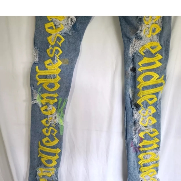 Endless Mens Designer Destroyed Embroidered Applique Skinny Jeans 31 X 31 - Picture 6 of 8